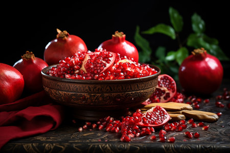 Ripe pomegranate fruits in bowl on wooden table, Yalda night pomegranate festival ramadan backgroundの素材