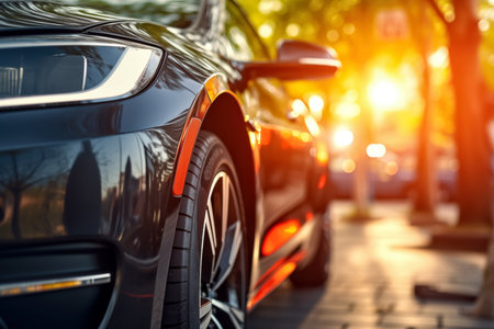 Close up view of modern car parked on street in city at sunset.の素材