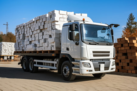 White truck with pallets on the background of blue sky. Cargo transportationの素材