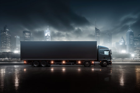 Truck on the road with cityscape background at night. Empty trailer with mock-up spaceの素材
