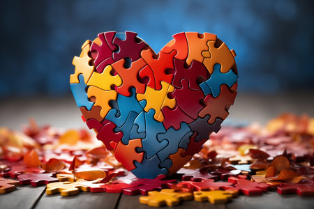 Colorful jigsaw puzzle heart on wooden table. Love concept.の素材