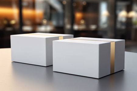 Blank white box mockup on table in coffee shop. 3d renderingの素材