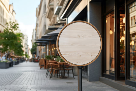 Blank wooden signboard on city street. Mock upの素材