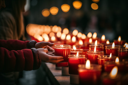 Close up of people hands lighting candles in church, shallow depth of fieldの素材