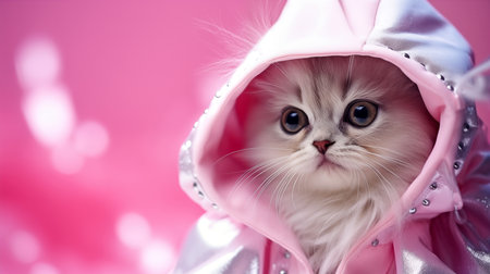 Cute persian kitten in pink raincoat on pink background with copy space.の素材