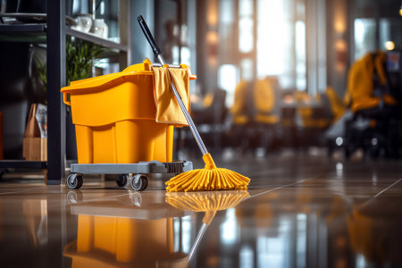 Mop cleaning the floor in the office. Cleaning service conceptの素材
