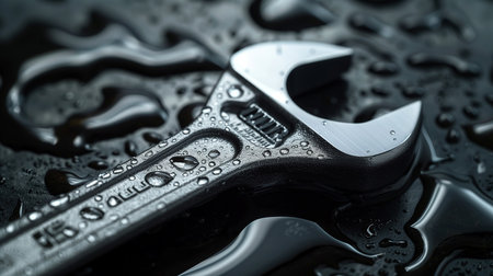 Wrench on a black background with water drops. Close-up.の素材