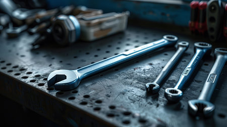 Spanners and tools on the table in the workshop. Selective focus.の素材