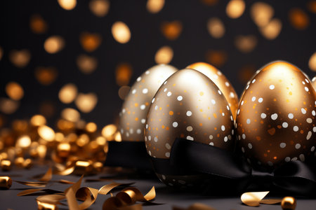 Golden Easter eggs with black ribbon and confetti on black background.の素材
