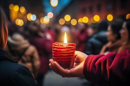 Candle in the hands of a girl on the background of the bokeh candlelight, close upの素材