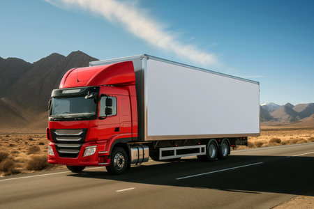 Delivery cargo truck with long empty trailer with mock-up space on highwayの素材
