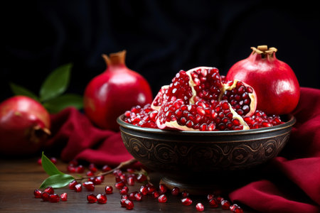 Ripe pomegranate fruits in bowl on wooden table, Yalda night pomegranate festival ramadan backgroundの素材