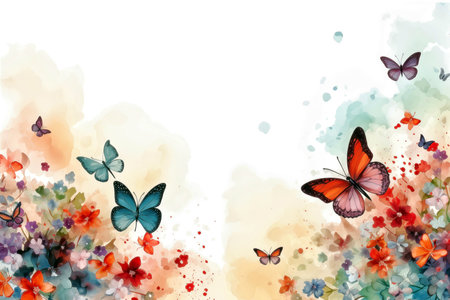 Floral background with butterfly and bokeh lights, copy spaceの素材