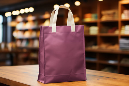 Colorful paper shopping bag mockup on wooden table. Bokeh backgroundの素材