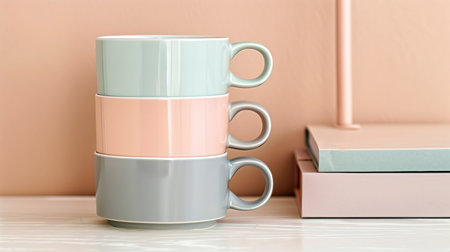 Colorful coffee cups on white wooden table and pink wall in backgroundの素材