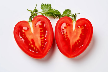 Heart-shaped tomato cut in half, isolated on white background. Top view. Flat lay.の素材