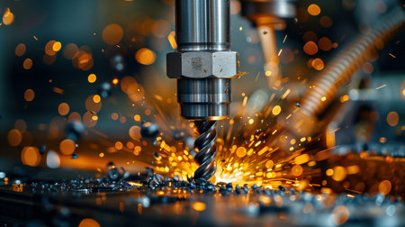 Drilling machine with sparks, close-up. Abstract industrial background. Shallow depth of field.の素材