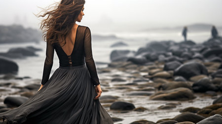 Portrait of a beautiful young woman in a black dress on the beach on a windy dayの素材