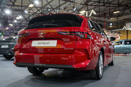 Riga, Latvia, April 19, 2024: A new Opel Astra ST premiere at a motor show, model 2024のeditorial素材