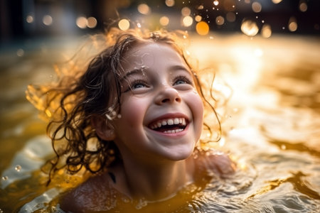 Joyful young girl swimming and laughing, her hair splashing around in sparkling water.の素材