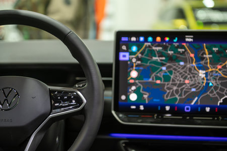 Riga, Latvia, April 19, 2024: Close-up of Volkswagen ID.7 electric car steering wheel and interior details designのeditorial素材