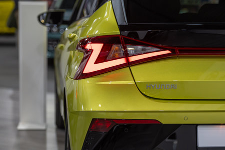 Riga, Latvia, April 19, 2024: LED rear lights and car design closeup of nev Hyundai i20, model 2024のeditorial素材
