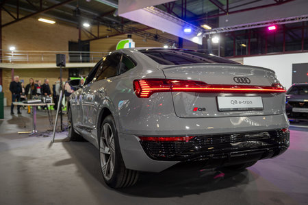Riga, Latvia, April 19, 2024: A new electric Audi Q8 e-tron premiere at a motor show, model 2024, rear viewのeditorial素材