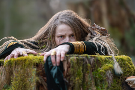 A woman with long hair hides behind a mossy tree stump. Shallow depth of feldの写真素材
