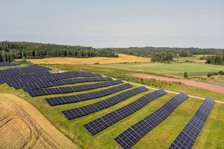 A large solar panel farm in a rural field.