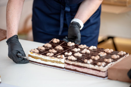 A person cuts a large chocolate cake into squares. Shallow depth of feldの写真素材