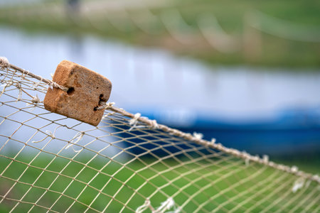 Fishing net float attached to a net near a body of water