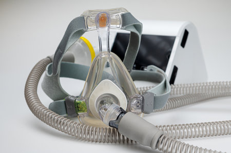 CPAP machine with mask and hose, for people with sleep apnea, respiratory, or breathing disorderの写真素材