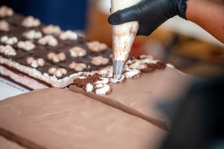 A baker decorates a chocolate cake. Background with selective focus and copy space.の写真素材