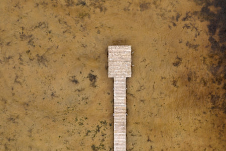 Aerial view of a wooden pier extending into a calm, shallow lake