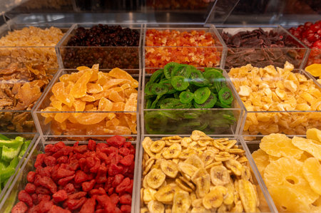 A vibrant display of various dried fruits and vegetables arranged neatly in clear containers.の写真素材