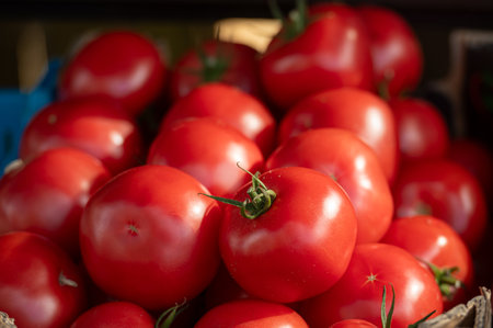 A vibrant pile of freshly picked red tomatoes at a bustling market during the dayの写真素材