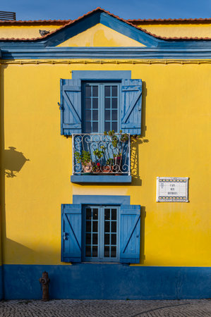 Bright yellow walls and blue trim highlight a charming balcony adorned with flowers.の写真素材
