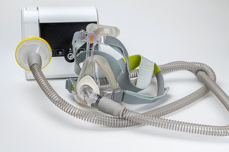 CPAP machine with mask and hose, for people with sleep apnea, respiratory, or breathing disorderの写真素材