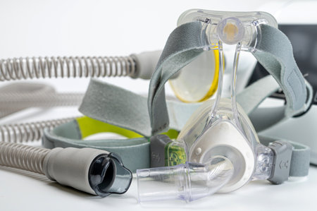 CPAP machine with mask and hose, for people with sleep apnea, respiratory, or breathing disorderの写真素材