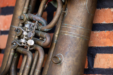 Close-up of brass instrument showing detailed valves and tubing elements