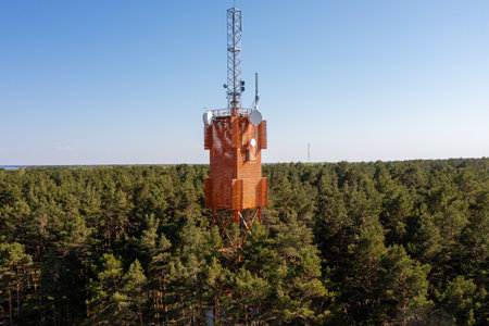 A communication tower rises above lush green trees in a forest during bright daylight.の写真素材