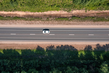 A vehicle drives along a straight highway bordered by lush trees under clear skies.