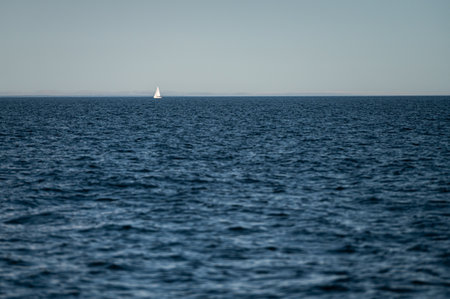 A lone sailboat navigates serene ocean waters on a sunny day, creating a peaceful ambiance.の写真素材
