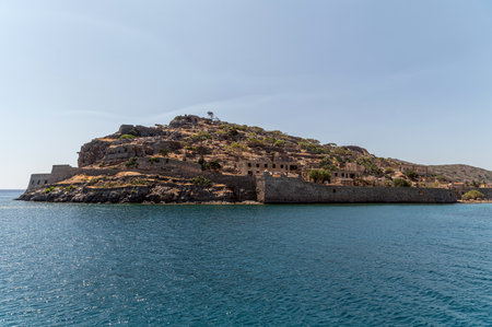 Spinalonga Island boasts stunning views, history, and ruins of a former leper colony.の写真素材
