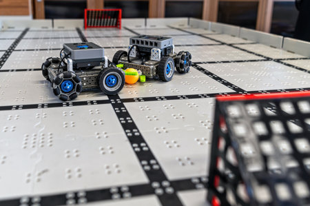 Two small robots compete on a classroom grid, showcasing technology.の写真素材
