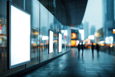 Glass facade banner mockup with single-color base and soft reflective city bokehの素材