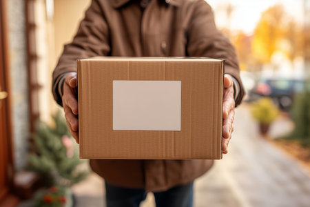 Courier Hands Holding Cardboard Box With Blank White Label Area On Streetの素材