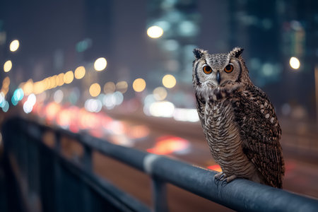 Majestic Owl Perched On Railing With Urban Night Traffic Lights In Backgroundの素材
