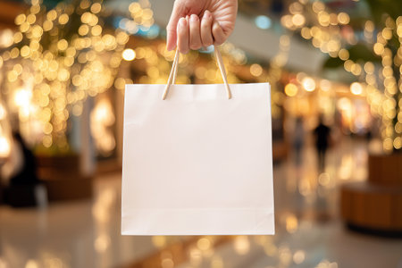 Hands holding shopping bag with empty space for design in a mall.の素材