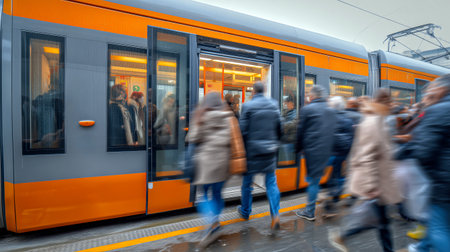 Commuters rush to board the orange train at a busy station on a rainy day during rush hour.の素材